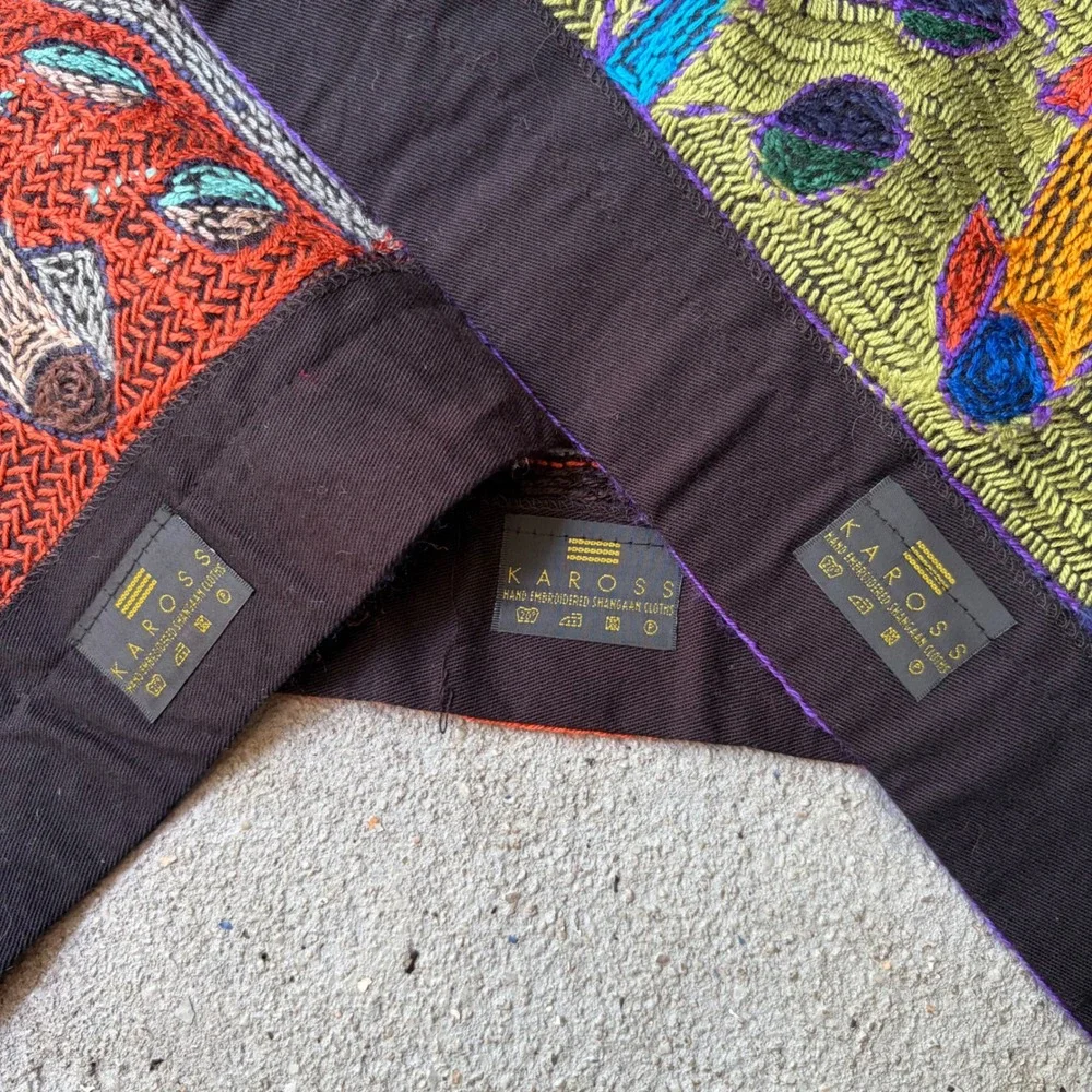 Kaross South Africa Hand Embroidered Shangaan Cloths Set of 3 Elephant Rhino Art